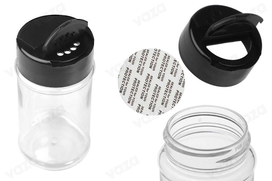Διάφανο πλαστικό (PET) βαζάκι 80 ml με μαύρο καπάκι και εσωτερικό παρέμβυσμα (PE) για μπαχαρικά - 6 τμχ-εικόνα_προϊοντική