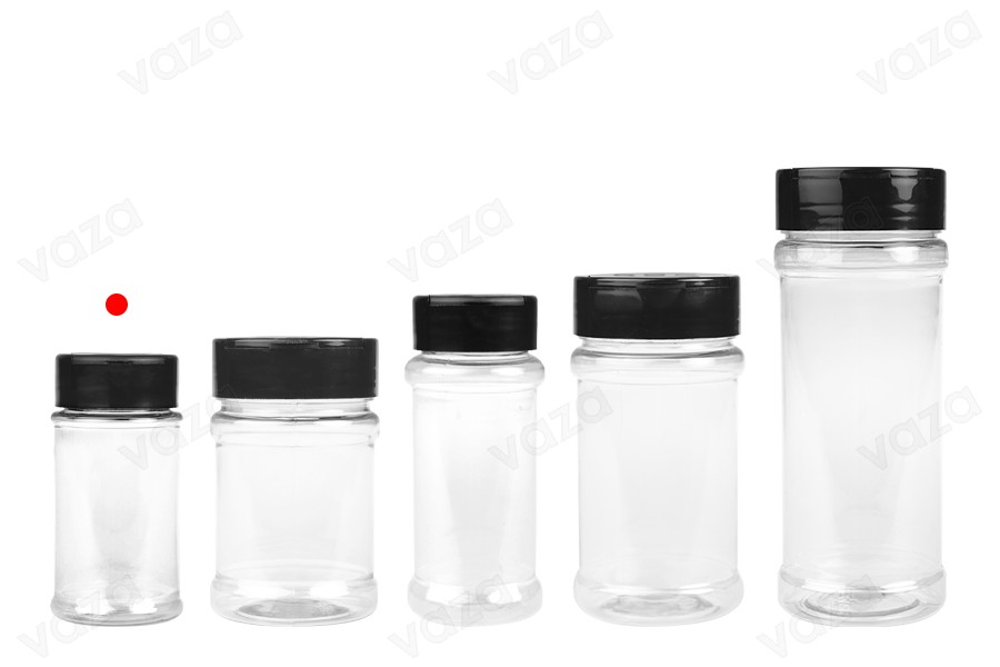 Διάφανο πλαστικό (PET) βαζάκι 80 ml με μαύρο καπάκι και εσωτερικό παρέμβυσμα (PE) για μπαχαρικά - 6 τμχ-εικόνα_σύνθεση