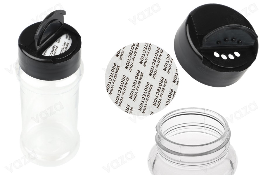 Διάφανο πλαστικό (PET) βαζάκι 100 ml με μαύρο καπάκι και εσωτερικό παρέμβυσμα (PE) για μπαχαρικά - 6 τμχ-εικόνα_προϊοντική