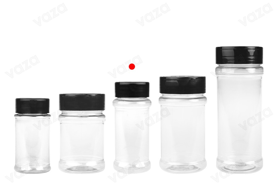 Διάφανο πλαστικό (PET) βαζάκι 100 ml με μαύρο καπάκι και εσωτερικό παρέμβυσμα (PE) για μπαχαρικά - 6 τμχ-εικόνα_σύνθεση