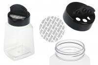 Transparent plastic (PET) spice jar 260 ml with black lid and inner seal (PE)