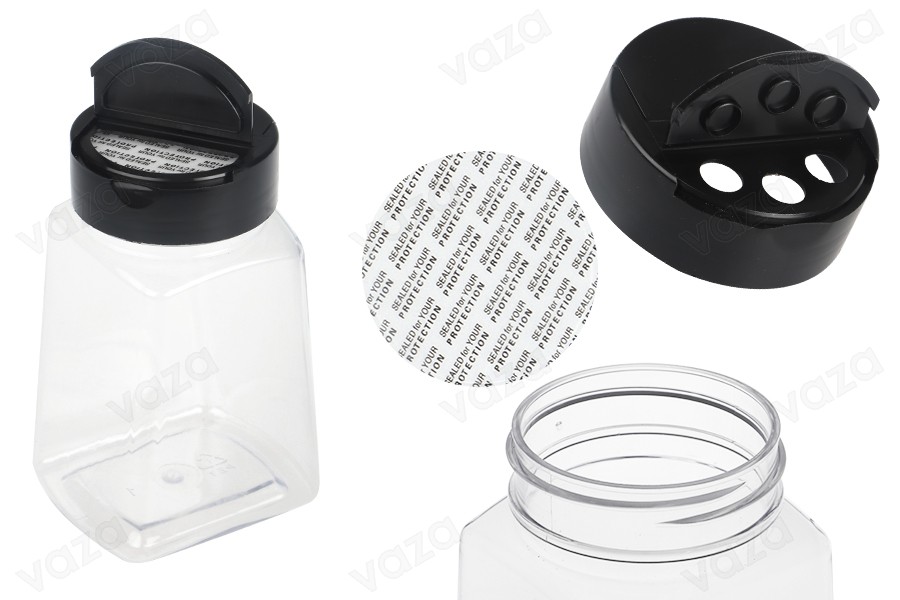 Transparent plastic (PET) spice jar 260 ml with black lid and inner seal (PE) Transparent plastic (PET) spice jar 260 ml with black lid and inner seal (PE)-image_product
