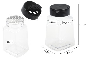Transparentes Gewürzglas aus Kunststoff (PET) 260 ml mit schwarzem Deckel und Innendichtung (PE)-εικόνα_διαστάσεις