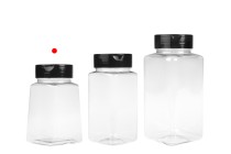 Διάφανο πλαστικό (PET) βαζάκι 260 ml με μαύρο καπάκι και εσωτερικό παρέμβυσμα (PE) για μπαχαρικά