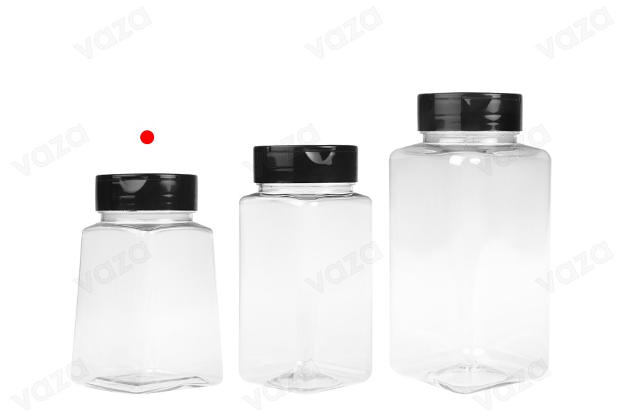 Transparent plastic (PET) spice jar 260 ml with black lid and inner seal (PE) Transparent plastic (PET) spice jar 260 ml with black lid and inner seal (PE)-image_group