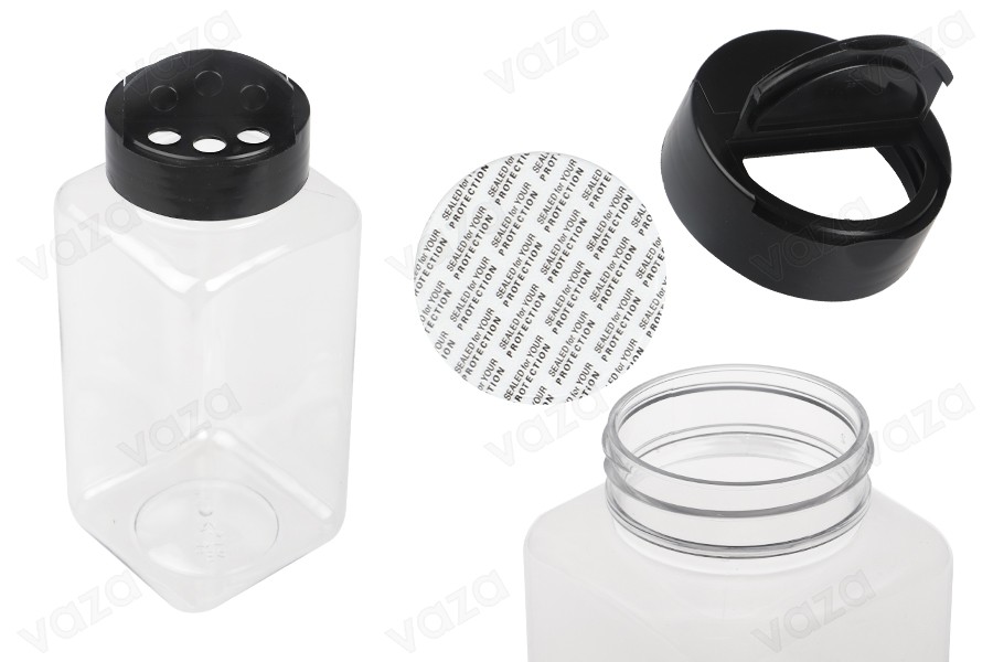 Transparent plastic (PET) spice jar 500 ml with black lid and inner seal (PE) Transparent plastic (PET) spice jar 500 ml with black lid and inner seal (PE)-image_product