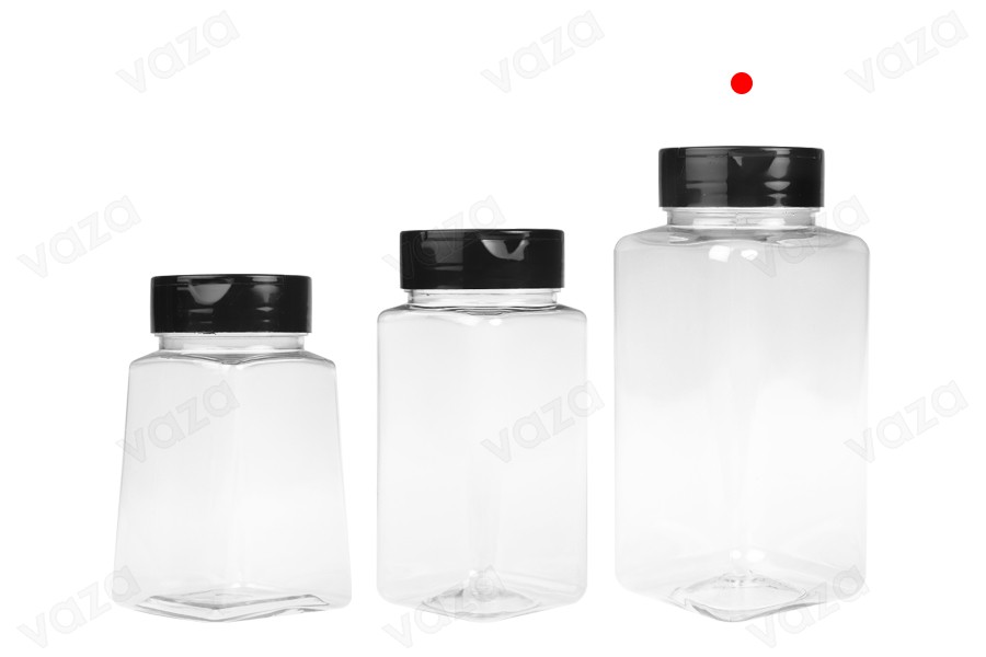 Transparent plastic (PET) spice jar 500 ml with black lid and inner seal (PE) Transparent plastic (PET) spice jar 500 ml with black lid and inner seal (PE)-image_group