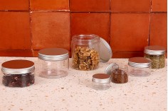 Petit pot transparent PET de 200ml avec couvercle en aluminium argenté avec joint d'étanchéité