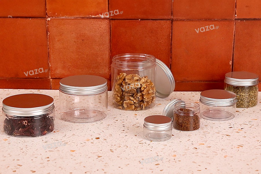 Petit pot transparent PET de 200ml avec couvercle en aluminium argenté avec joint d'étanchéité