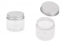 Petit pot transparent PET de 50ml avec couvercle en aluminium argenté avec joint d'étanchéité