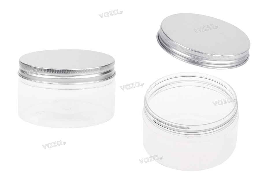 Petit pot transparent PET de 200ml avec couvercle en aluminium argenté avec joint d'étanchéité