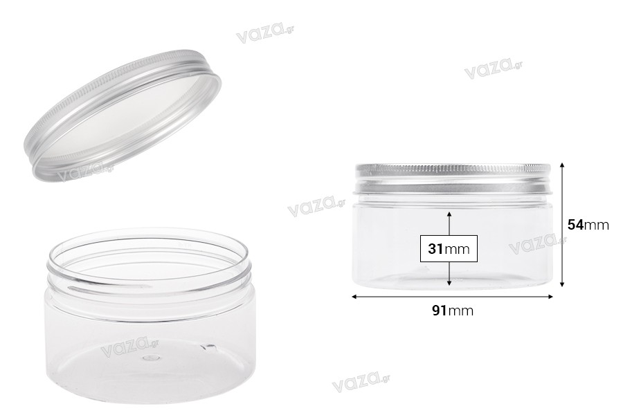 Petit pot transparent PET de 200ml avec couvercle en aluminium argenté avec joint d'étanchéité
