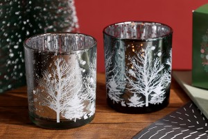 Bougeoir décoratif de Noël en verre argenté avec arbres enneigés (sans couvercle)-3