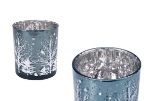Bougeoir décoratif de Noël en verre bleu avec arbres enneigés (sans couvercle)-1