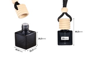 Flacone deodorante per auto quadrato nero da 8 ml con tappo rotondo in legno e tappo - 6 pz-εικόνα_διαστάσεις
