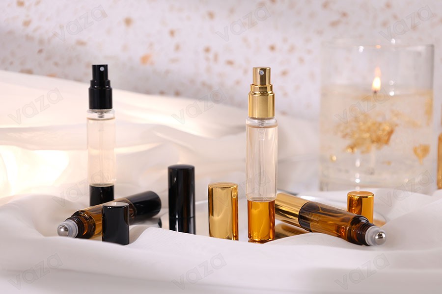 10 ml transparente Glasflasche mit Spray und Roll-on und Verschluss in Gold oder Schwarz – 6 Stück-bildgruppe