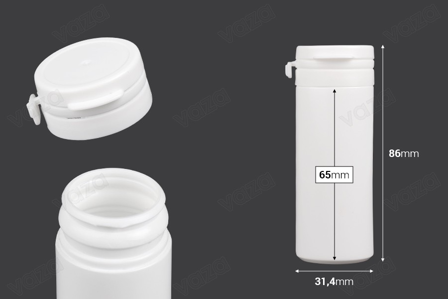 Πλαστικό λευκό βαζάκι 50ml με κουμπωτό καπάκι ασφαλείας για χάπια και κάψουλες Πλαστικό λευκό βαζάκι 50ml με κουμπωτό καπάκι ασφαλείας για χάπια και κάψουλες-εικόνα_διαστάσεις