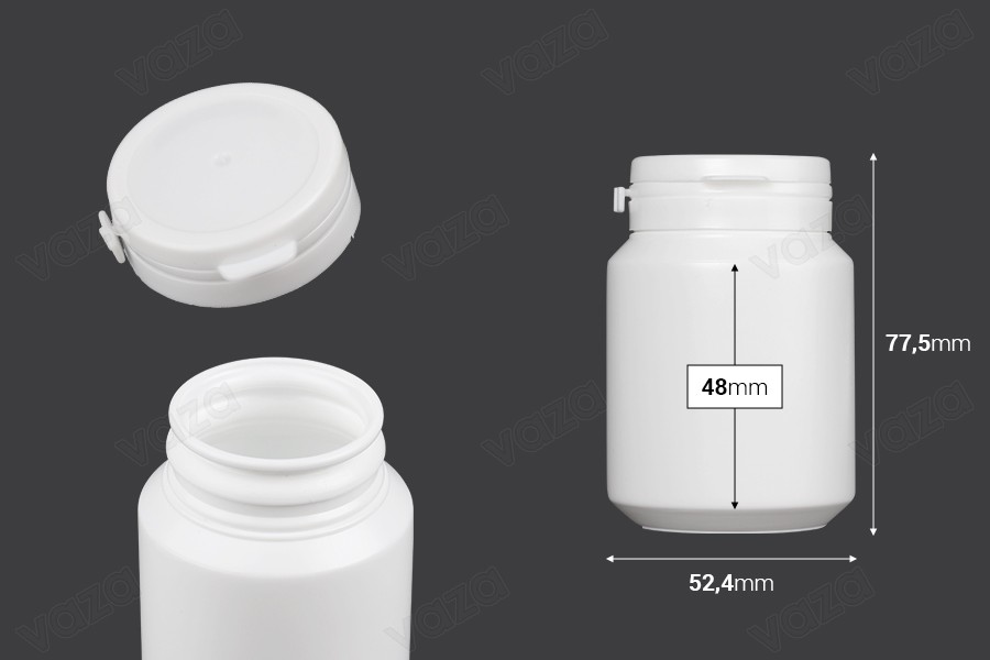 Πλαστικό λευκό βαζάκι 100ml με κουμπωτό καπάκι ασφαλείας για χάπια και κάψουλες Πλαστικό λευκό βαζάκι 100ml με κουμπωτό καπάκι ασφαλείας για χάπια και κάψουλες-εικόνα_διαστάσεις