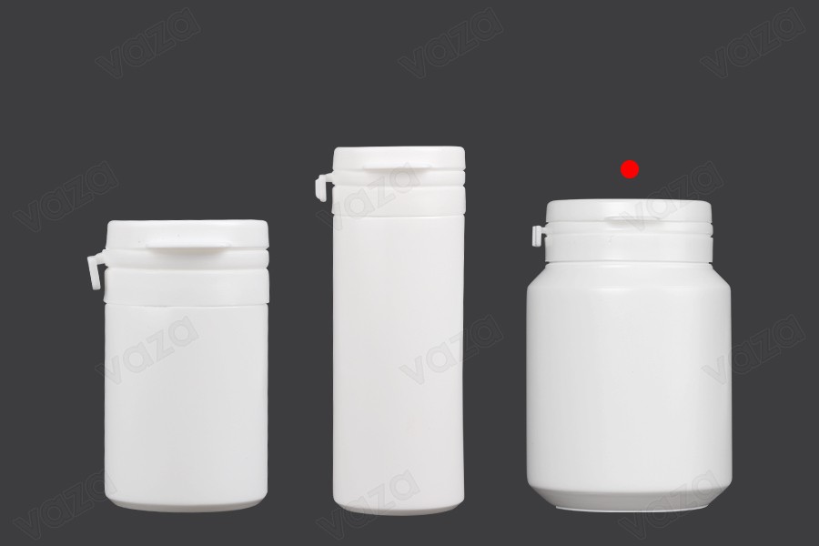 Πλαστικό λευκό βαζάκι 100ml με κουμπωτό καπάκι ασφαλείας για χάπια και κάψουλες Πλαστικό λευκό βαζάκι 100ml με κουμπωτό καπάκι ασφαλείας για χάπια και κάψουλες-εικόνα_σύνθεση