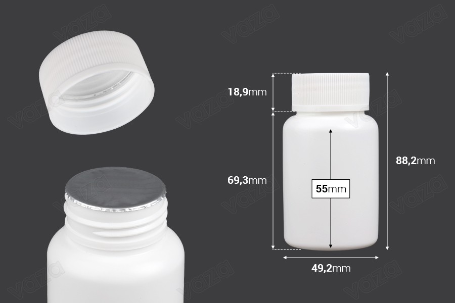 Πλαστικό λευκό βαζάκι 120ml με βιδωτό καπάκι για χάπια και κάψουλες Πλαστικό λευκό βαζάκι 120ml με βιδωτό καπάκι για χάπια και κάψουλες-εικόνα_διαστάσεις