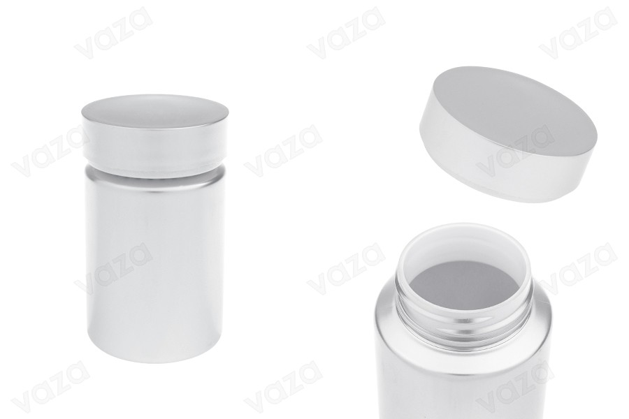 Βαζάκι πλαστικό PET 100 ml σε ασημί χρώμα για χάπια και κάψουλες Βαζάκι πλαστικό PET 100 ml σε ασημί χρώμα για χάπια και κάψουλες-εικόνα_προϊοντική