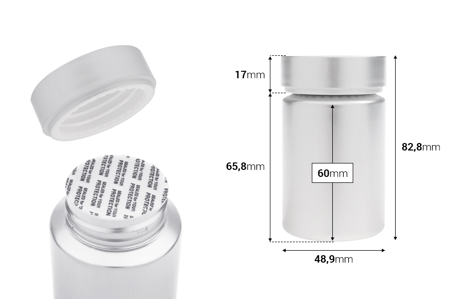 Βαζάκι πλαστικό PET 100 ml σε ασημί χρώμα για χάπια και κάψουλες Βαζάκι πλαστικό PET 100 ml σε ασημί χρώμα για χάπια και κάψουλες