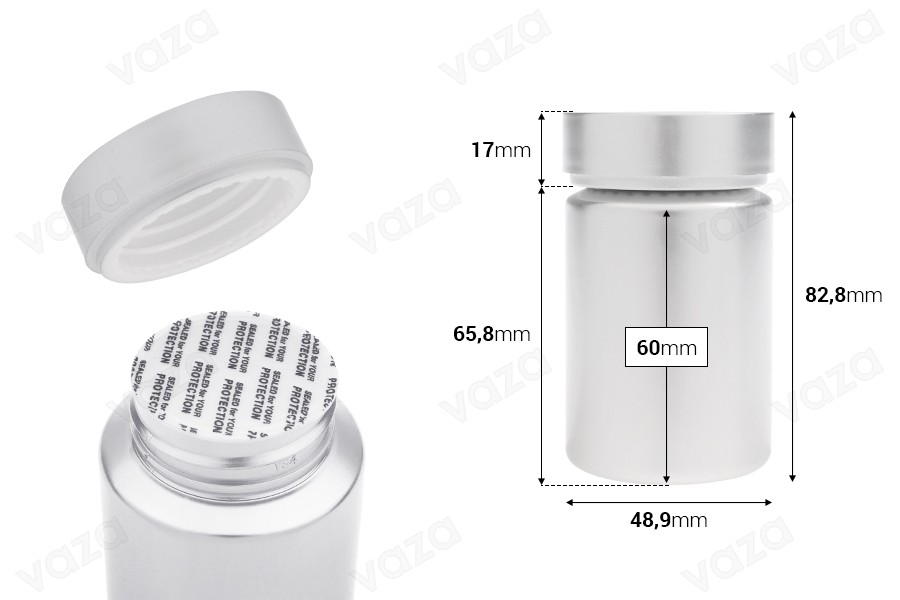 Βαζάκι πλαστικό PET 100 ml σε ασημί χρώμα για χάπια και κάψουλες Βαζάκι πλαστικό PET 100 ml σε ασημί χρώμα για χάπια και κάψουλες-εικόνα_διαστάσεις