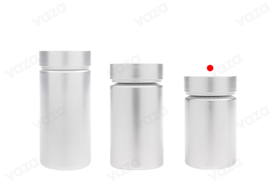 Βαζάκι πλαστικό PET 100 ml σε ασημί χρώμα για χάπια και κάψουλες Βαζάκι πλαστικό PET 100 ml σε ασημί χρώμα για χάπια και κάψουλες-εικόνα_σύνθεση