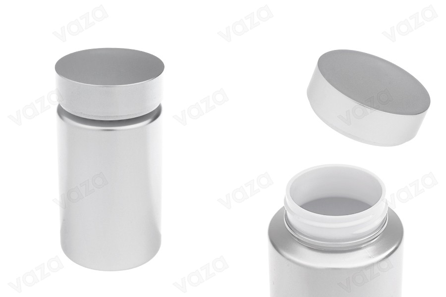 Βαζάκι πλαστικό PET 120 ml σε ασημί χρώμα για χάπια και κάψουλες Βαζάκι πλαστικό PET 120 ml σε ασημί χρώμα για χάπια και κάψουλες-εικόνα_προϊοντική