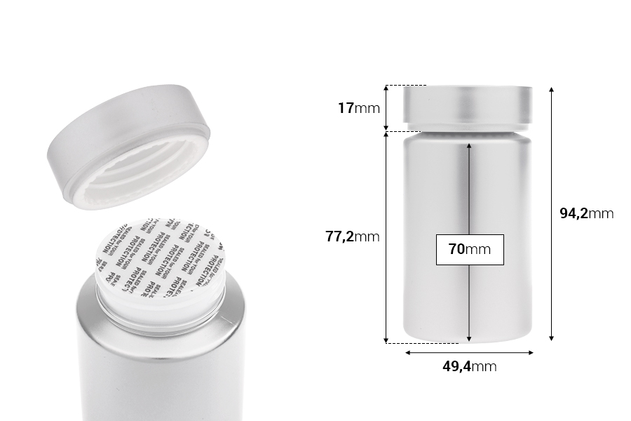 Βαζάκι πλαστικό PET 120 ml σε ασημί χρώμα για χάπια και κάψουλες Βαζάκι πλαστικό PET 120 ml σε ασημί χρώμα για χάπια και κάψουλες