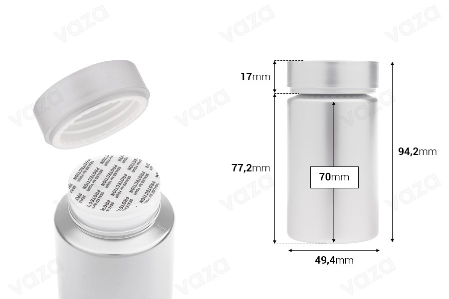 Βαζάκι πλαστικό PET 120 ml σε ασημί χρώμα για χάπια και κάψουλες Βαζάκι πλαστικό PET 120 ml σε ασημί χρώμα για χάπια και κάψουλες-εικόνα_διαστάσεις