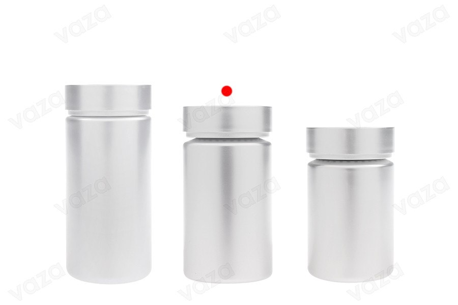 Βαζάκι πλαστικό PET 120 ml σε ασημί χρώμα για χάπια και κάψουλες Βαζάκι πλαστικό PET 120 ml σε ασημί χρώμα για χάπια και κάψουλες-εικόνα_σύνθεση