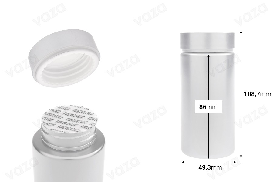 Βαζάκι πλαστικό PET 180 ml σε ασημί χρώμα για χάπια και κάψουλες Βαζάκι πλαστικό PET 180 ml σε ασημί χρώμα για χάπια και κάψουλες-εικόνα_διαστάσεις