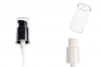 Plastic cream dispenser pump in white or black color with PP18 finish and transparent cap. 