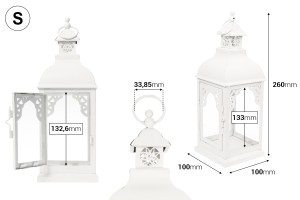Lanterne sculptée métallique avec fenêtres en verre ensemble de 3 pièces S-M-L-εικόνα_διαστάσεις