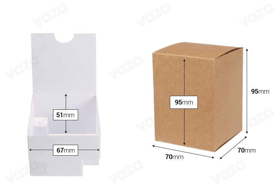 Kartonverpackung aus braunem Kraftpapier außen und weißem Innenfutter, Größe 70 x 70 x 95 mm – 50 Stück Kartonverpackung aus braunem Kraftpapier außen und weißem Innenfutter, Größe 70 x 70 x 95 mm – 50 Stück-bildabmessungen