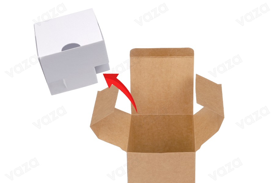Kartonverpackung aus braunem Kraftpapier außen und weißem Innenfutter, Größe 70 x 70 x 95 mm – 50 Stück Kartonverpackung aus braunem Kraftpapier außen und weißem Innenfutter, Größe 70 x 70 x 95 mm – 50 Stück-bildgruppe