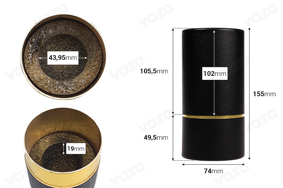 Zylindrische Schachtel 155 x 74mm Papier in schwarz - goldener Farbe Zylindrische Schachtel 155 x 74mm Papier in schwarz - goldener Farbe-bildabmessungen