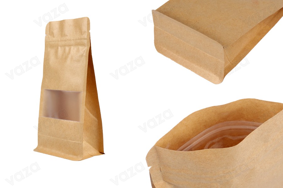 Σακουλάκια κραφτ τύπου Doy Pack  100x60x200 mm, με κλείσιμο "zip", παράθυρο, εσωτερική και εξωτερική διάφανη επένδυση και δυνατότητα σφράγισης με θερμοκόλληση - 50 τμχ-εικόνα_προϊοντική