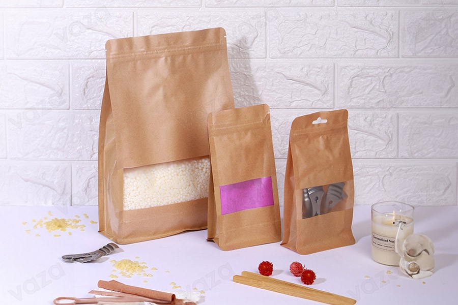 Sacchetti in carta kraft tipo Doy Pack 140x60x240 mm, termosaldabili, con chiusura a zip, finestra, rivestimento interno ed esterno trasparente  - 50 pz-εικόνα_σύνθεση