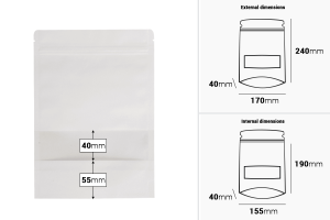 Kraftbeutel vom Typ Doy Pack in weißer Farbe, mit Reißverschluss, Fenster und Möglichkeit zum Versiegeln mit Heißsiegeln 170x40x240mm - 50 Stück-2