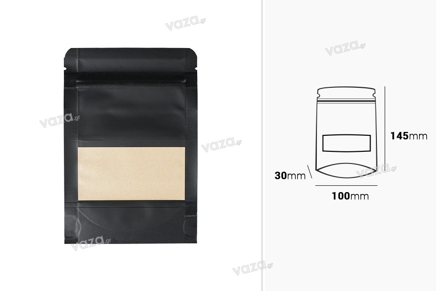 Σακουλάκια κραφτ τύπου Doy Pack, με κλείσιμο "zip", παράθυρο και δυνατότητα σφράγισης με θερμοκόλληση 100x30x145 mm - 100 τμχ