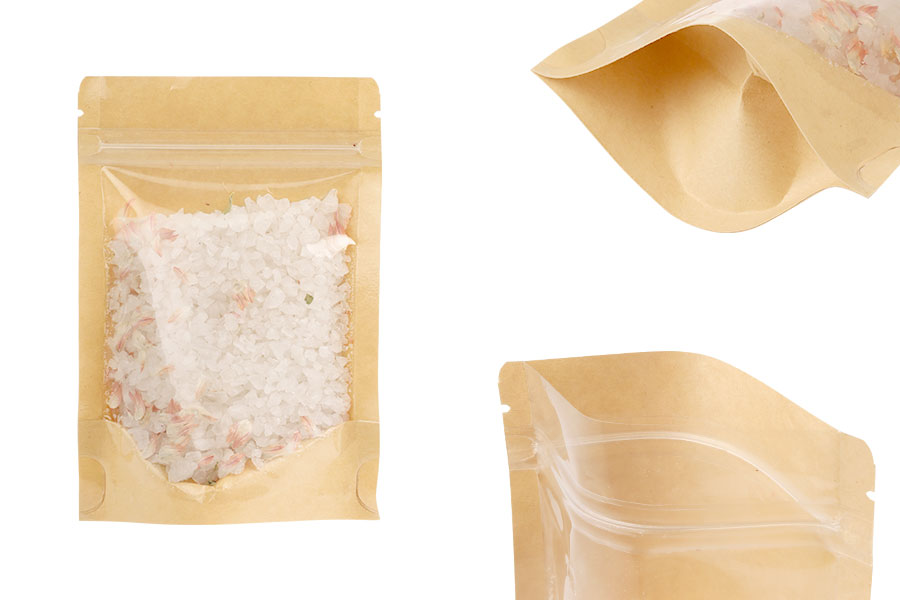 Doypack-Beutel 100x35x150 mm, Rückseite Kraftpapier (14c), Vorderseite transparent (8c), mit Reißverschluss, heißsiegelbar - 100 Stück