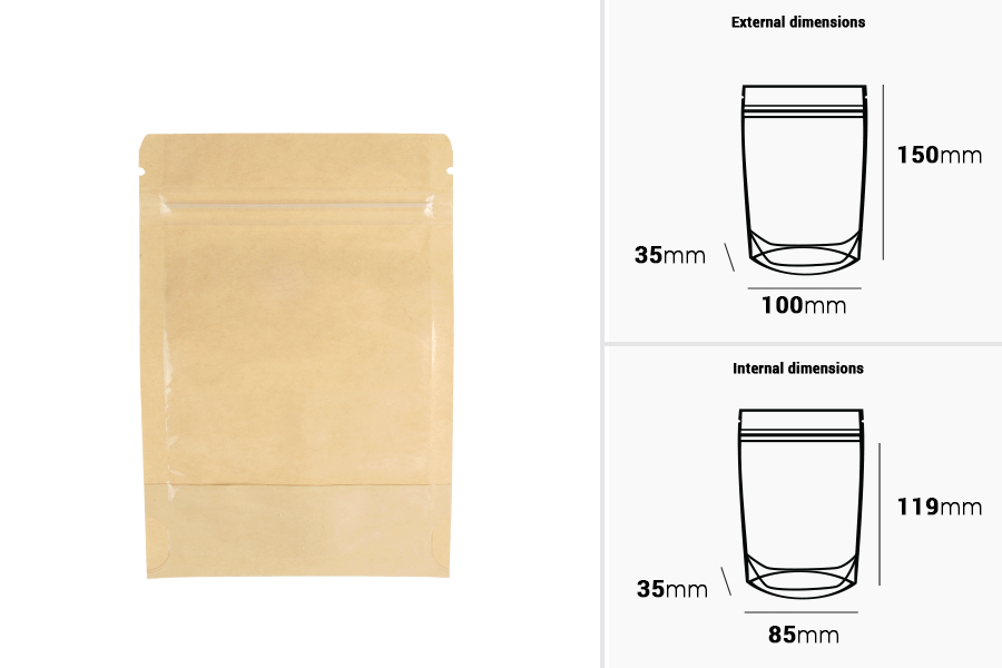 Doypack-Beutel 100x35x150 mm, Rückseite Kraftpapier (14c), Vorderseite transparent (8c), mit Reißverschluss, heißsiegelbar - 100 Stück