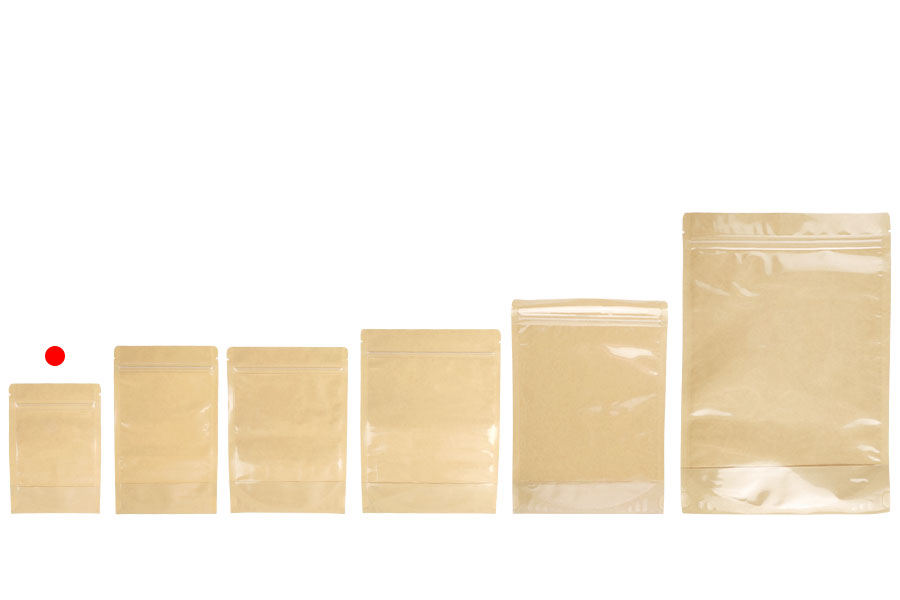Doypack-Beutel 100x35x150 mm, Rückseite Kraftpapier (14c), Vorderseite transparent (8c), mit Reißverschluss, heißsiegelbar - 100 Stück