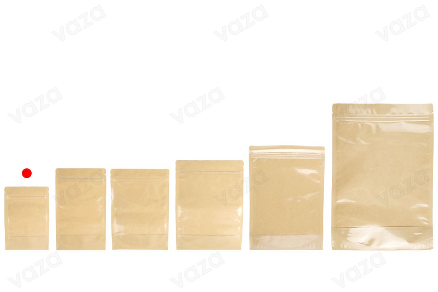 Doypack-Beutel 100x35x150 mm, Rückseite Kraftpapier (14c), Vorderseite transparent (8c), mit Reißverschluss, heißsiegelbar - 100 Stück Doypack-Beutel 100x35x150 mm, Rückseite Kraftpapier (14c), Vorderseite transparent (8c), mit Reißverschluss, heißsiegelbar - 100 Stück-εικόνα_σύνθεση