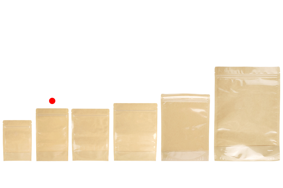 Doypack-Beutel 120x40x200 mm, Rückseite Kraftpapier (14c), Vorderseite transparent (8c), mit Reißverschluss, heißsiegelbar - 100 Stück Doypack-Beutel 120x40x200 mm, Rückseite Kraftpapier (14c), Vorderseite transparent (8c), mit Reißverschluss, heißsiegelbar - 100 Stück