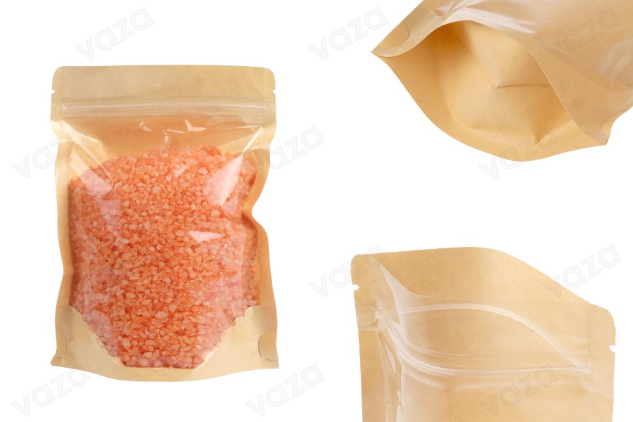 Doypack-Beutel 140x40x200 mm, Rückseite Kraftpapier (14c), Vorderseite transparent (8c), mit Reißverschluss, heißsiegelbar - 100 Stück Doypack-Beutel 140x40x200 mm, Rückseite Kraftpapier (14c), Vorderseite transparent (8c), mit Reißverschluss, heißsiegelbar - 100 Stück-εικόνα_προϊοντική
