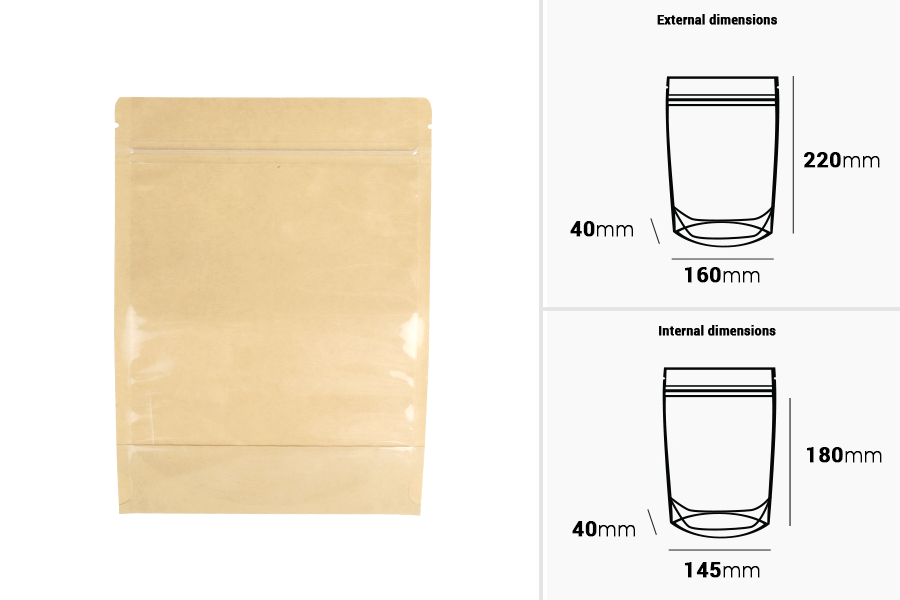 Doypack-Beutel 160x40x220 mm, Rückseite Kraftpapier (14c), Vorderseite transparent (8c), mit Reißverschluss, heißsiegelbar - 100 Stück