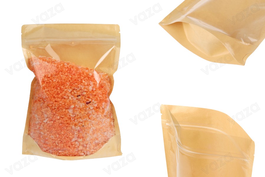 Doypack-Beutel 180x40x260 mm, Rückseite aus Kraftpapier (14c), Vorderseite aus transparentem Papier (8c), mit Reißverschluss, heißsiegelbar - 100 Stück Doypack-Beutel 180x40x260 mm, Rückseite aus Kraftpapier (14c), Vorderseite aus transparentem Papier (8c), mit Reißverschluss, heißsiegelbar - 100 Stück-εικόνα_προϊοντική